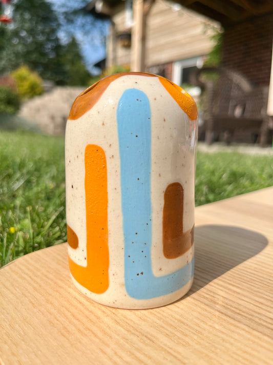 Orange, Blue, and Brown Lined Bud Vase