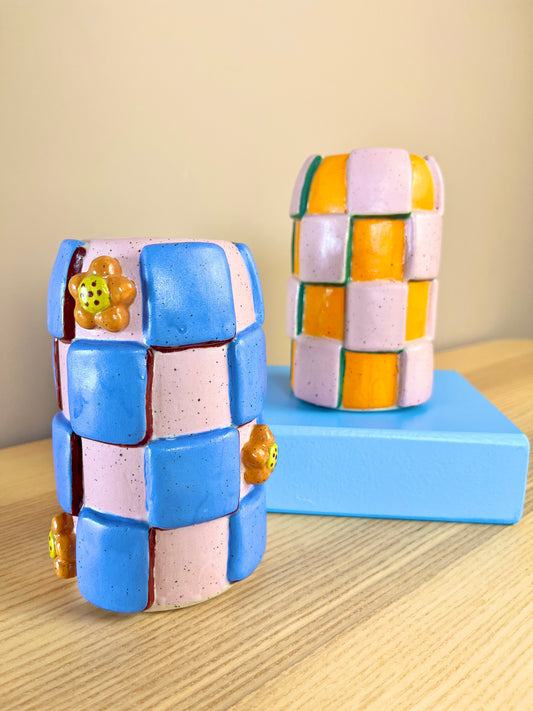 Periwinkle & Pink Checkered Vase