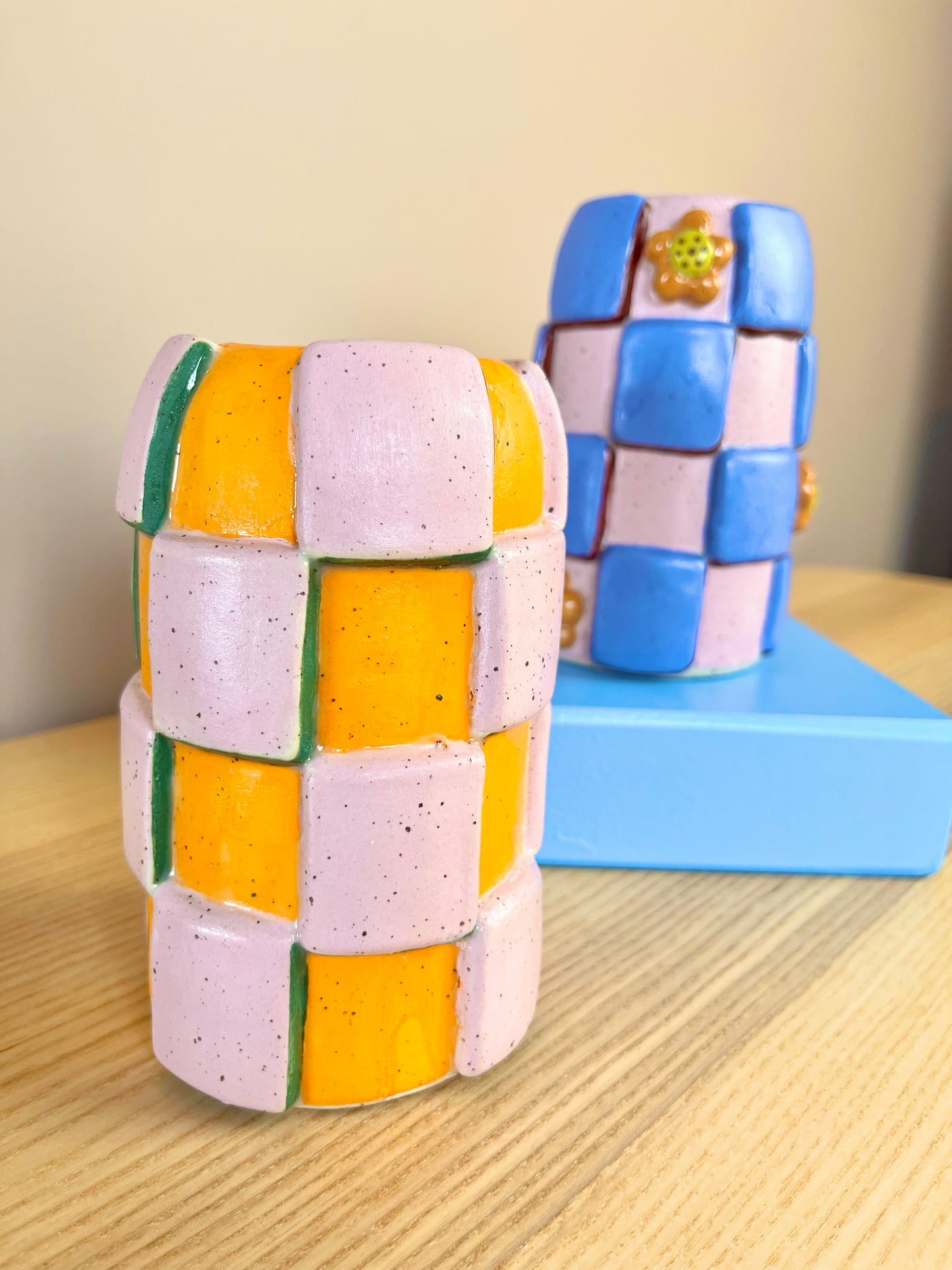 Orange & Pink Checkered Vase - Seconds Sale