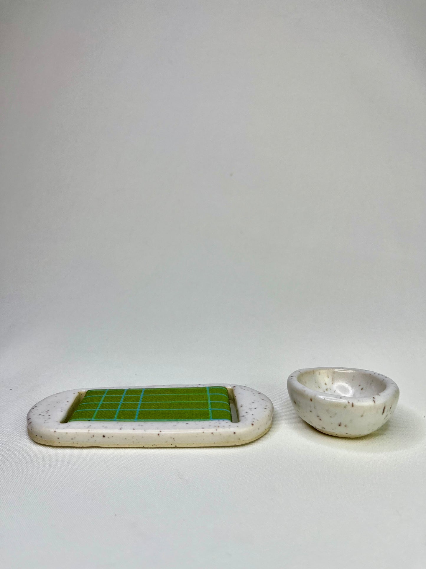 Large White Green Jewelry Tray & Pot