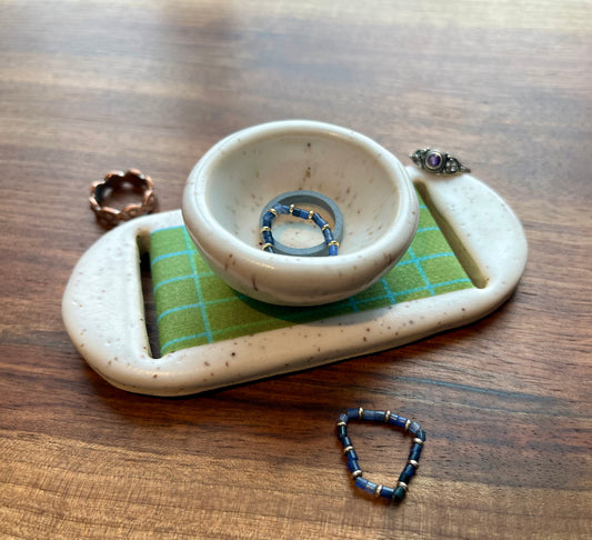 Large White Green Jewelry Tray & Pot