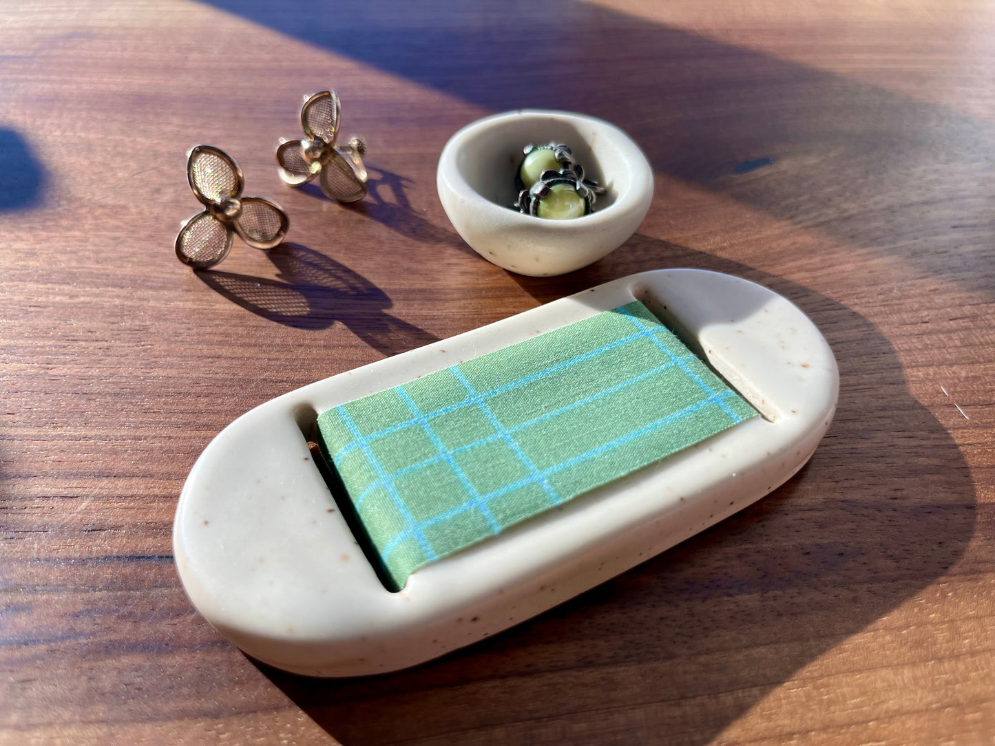 Medium Cream Green Jewelry Tray & Pot