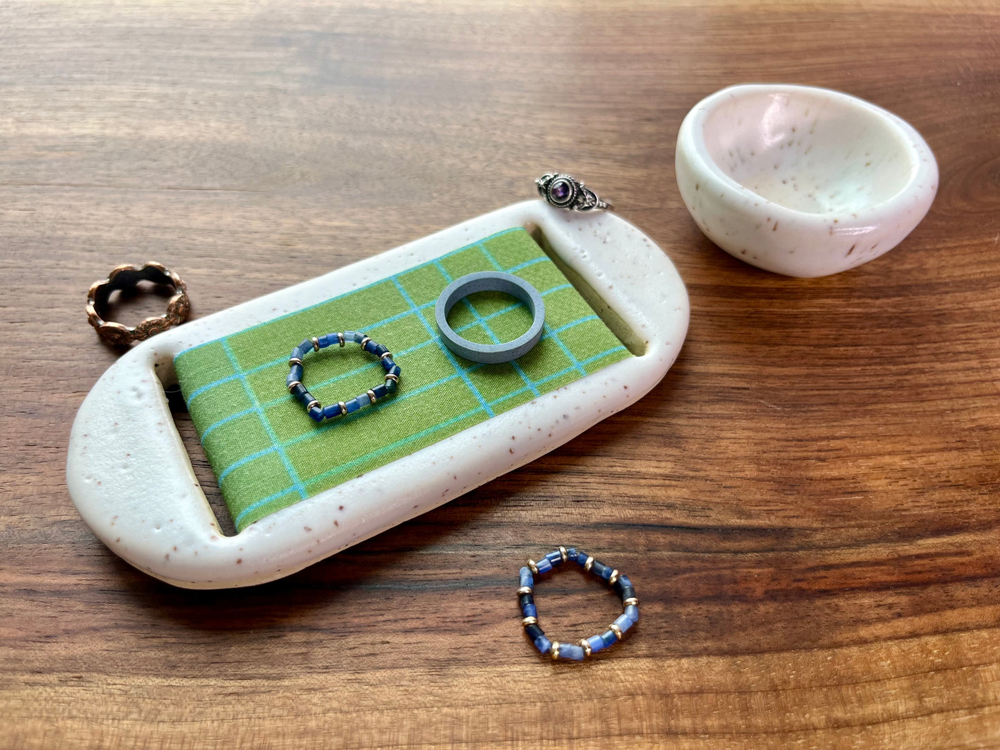 Large White Green Jewelry Tray & Pot