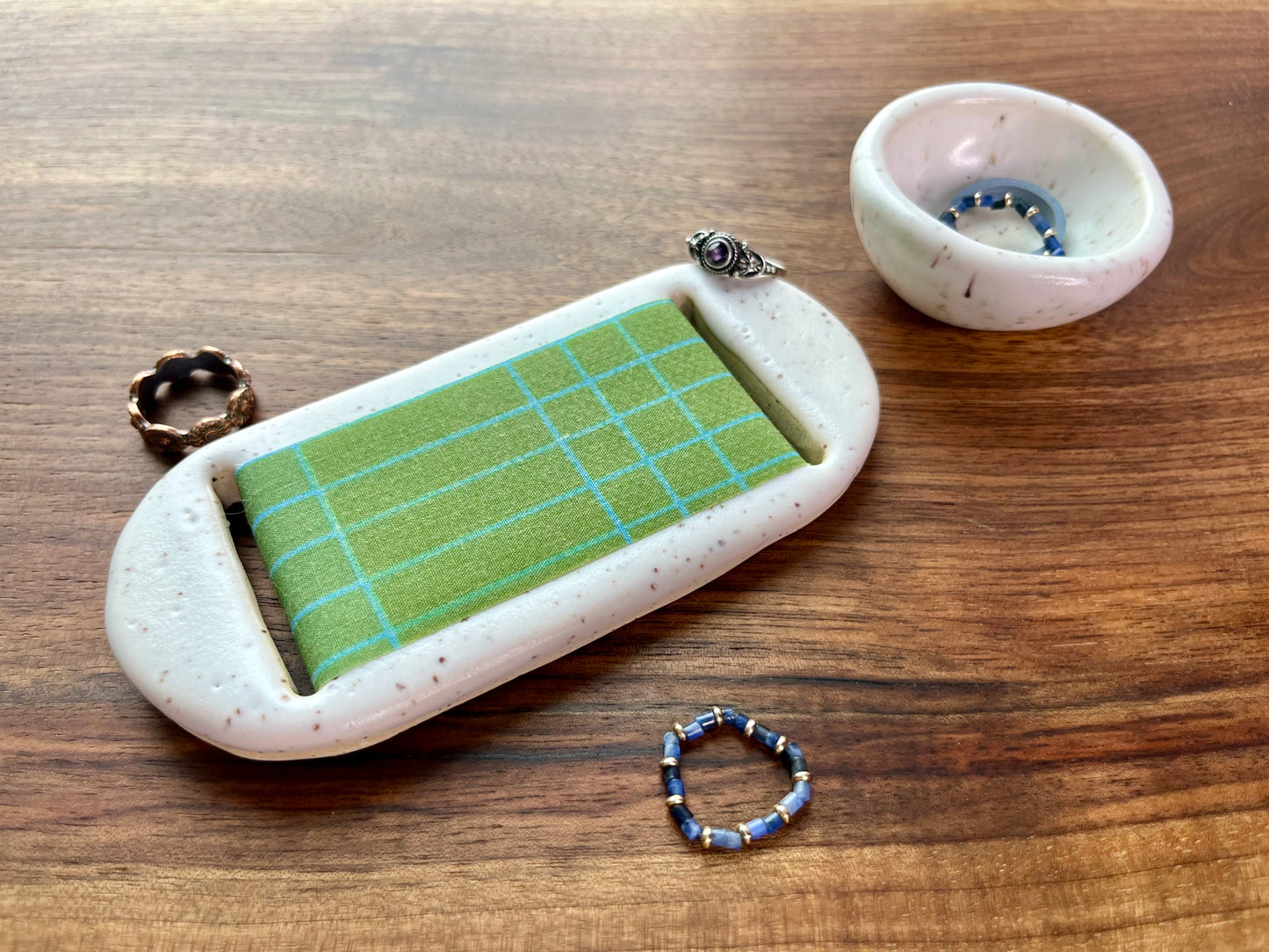 Large White Green Jewelry Tray & Pot