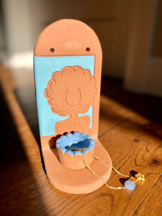 Bright Blue Afro Lady Jewelry Shelf & Pot