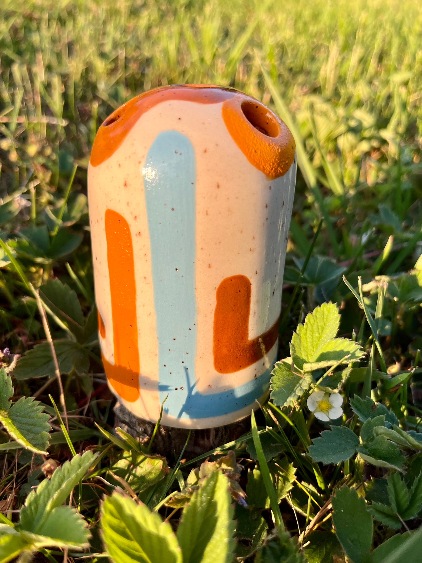Orange, Blue, and Brown Lined Bud Vase