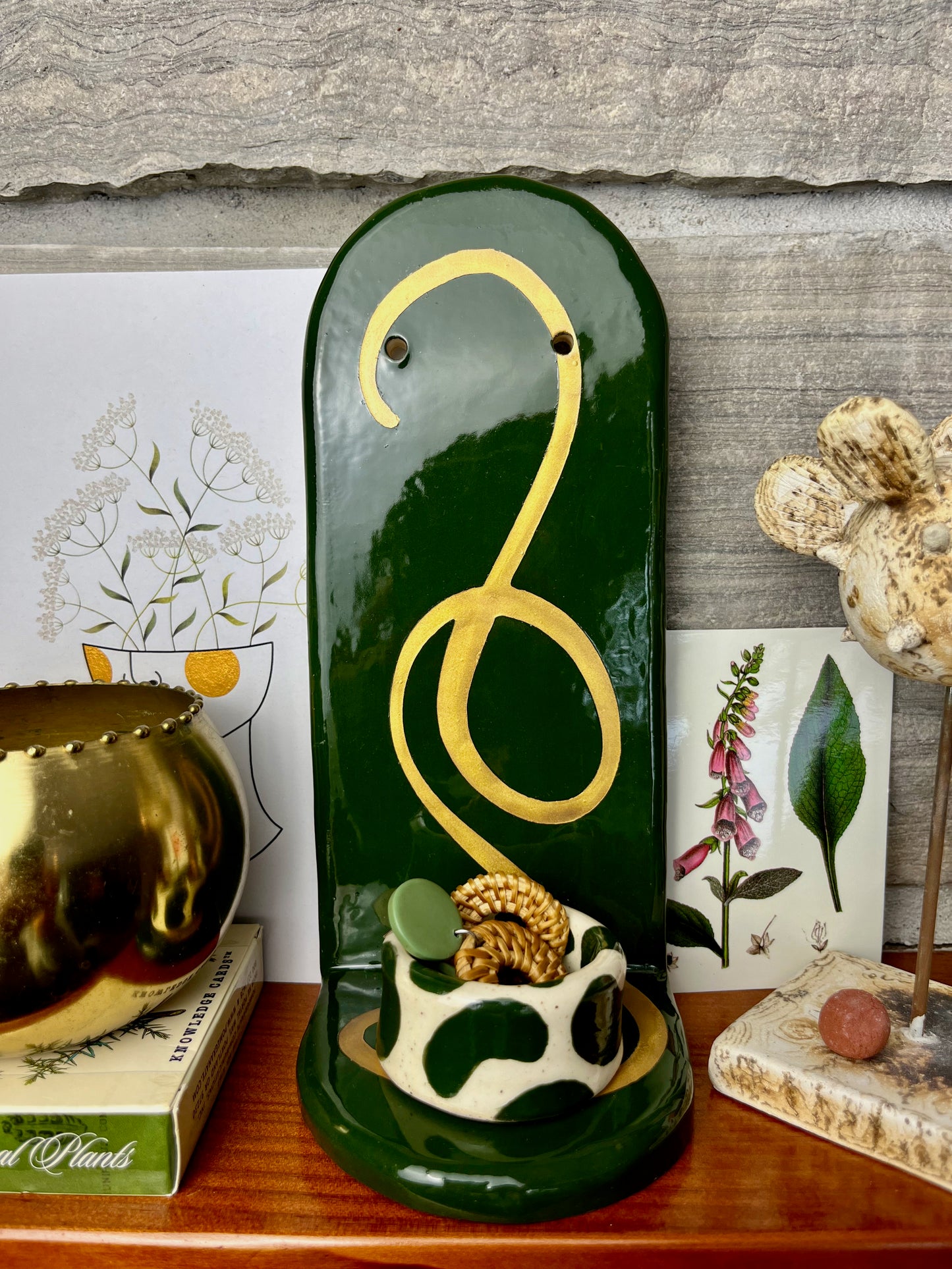 Tall Gold & Green Jewelry Shelf & Pot